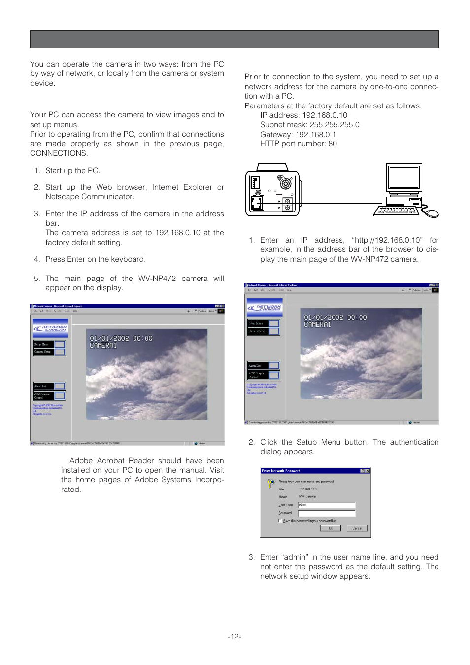 Operating the camera, Access from the pc, Preliminary setup | Panasonic WV-NP472 User Manual | Page 12 / 47