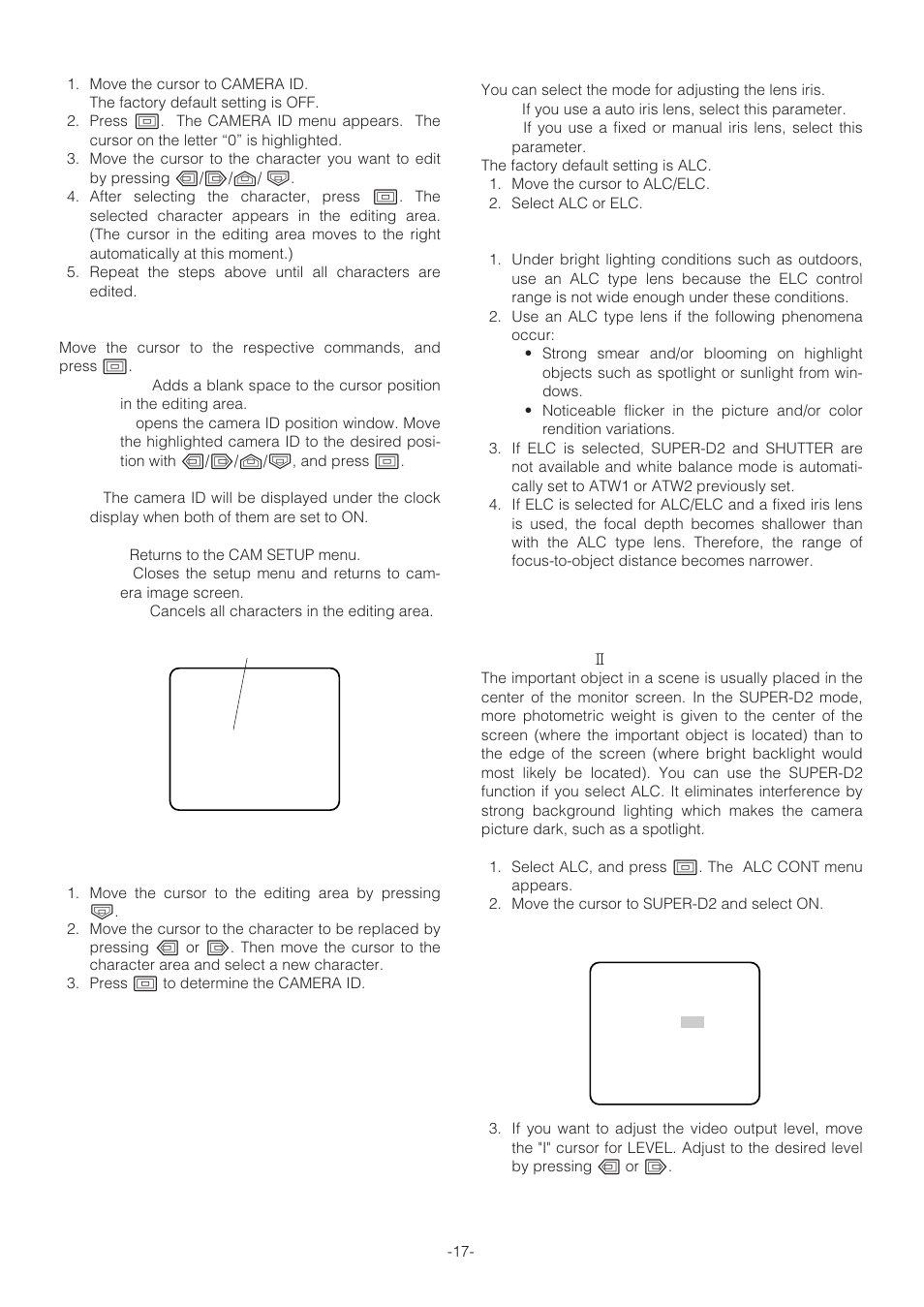 Light control setting (alc / elc) | Panasonic WV-NP472 User Manual | Page 17 / 47