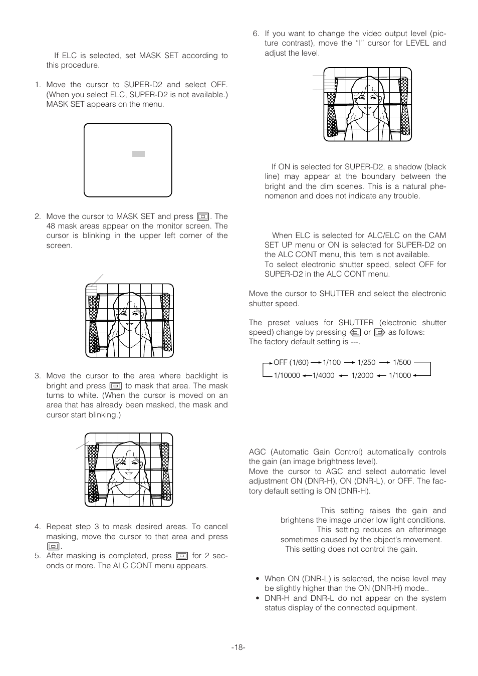 Shutter speed setting (shutter), Gain control setting (agc on (dnr-h, dnr-l) /off) | Panasonic WV-NP472 User Manual | Page 18 / 47