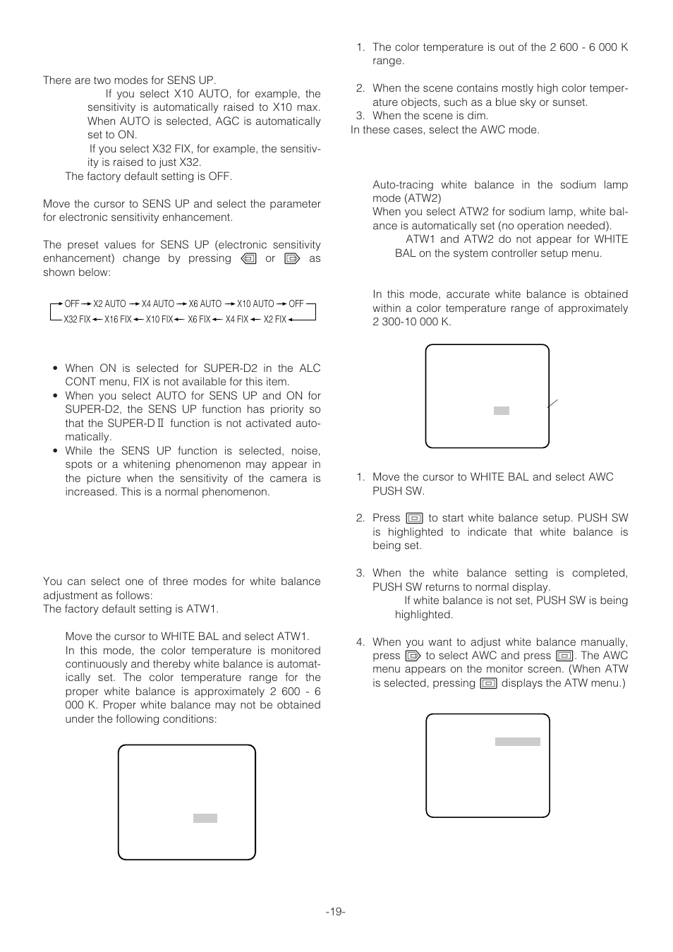 Electronic sensitivity enhancement (sens up), White balance setting (white bal) | Panasonic WV-NP472 User Manual | Page 19 / 47