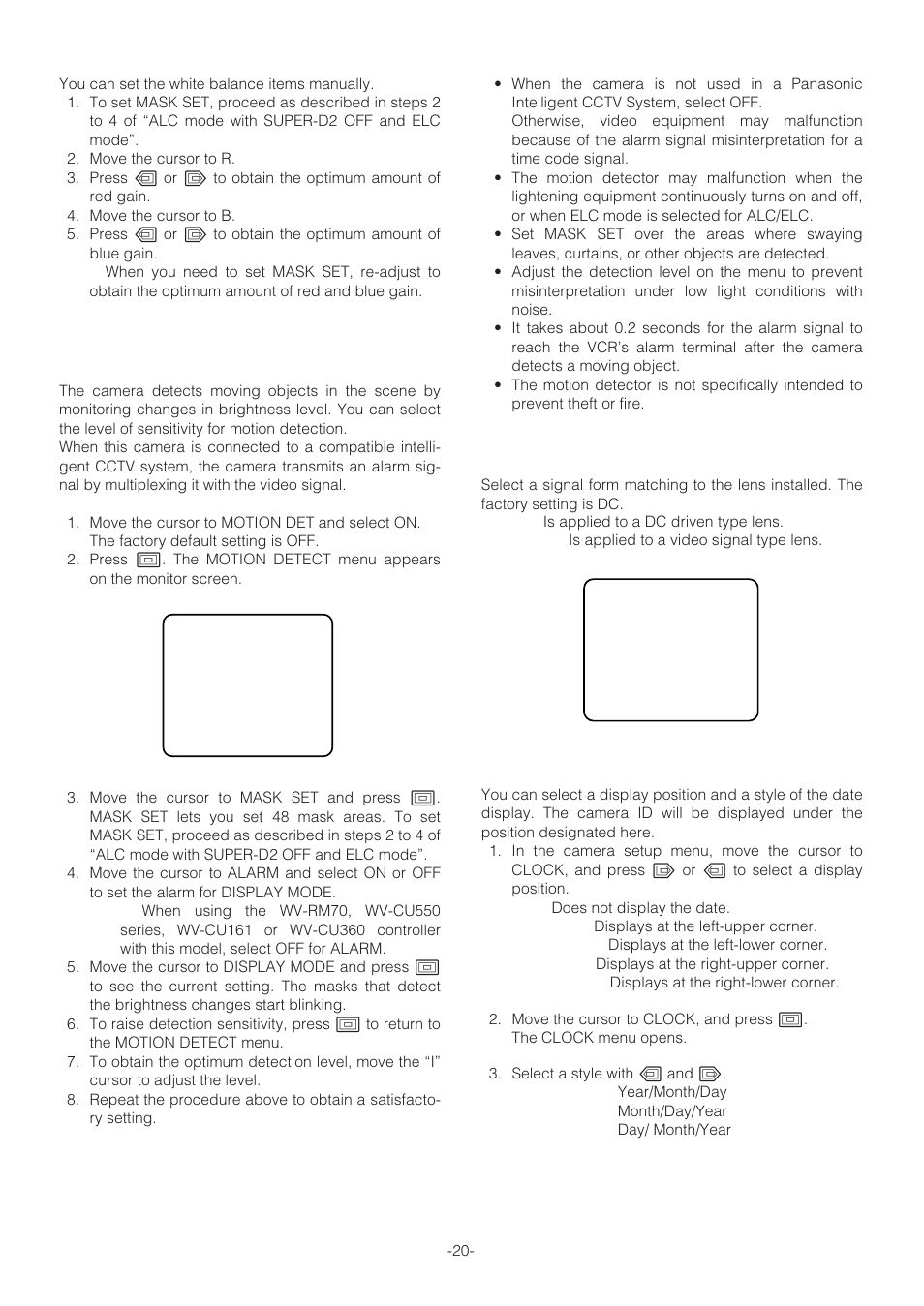 Motion detector setting (motion det), Lens drive signal selection (lens drive), Date display (clock) setting | Panasonic WV-NP472 User Manual | Page 20 / 47