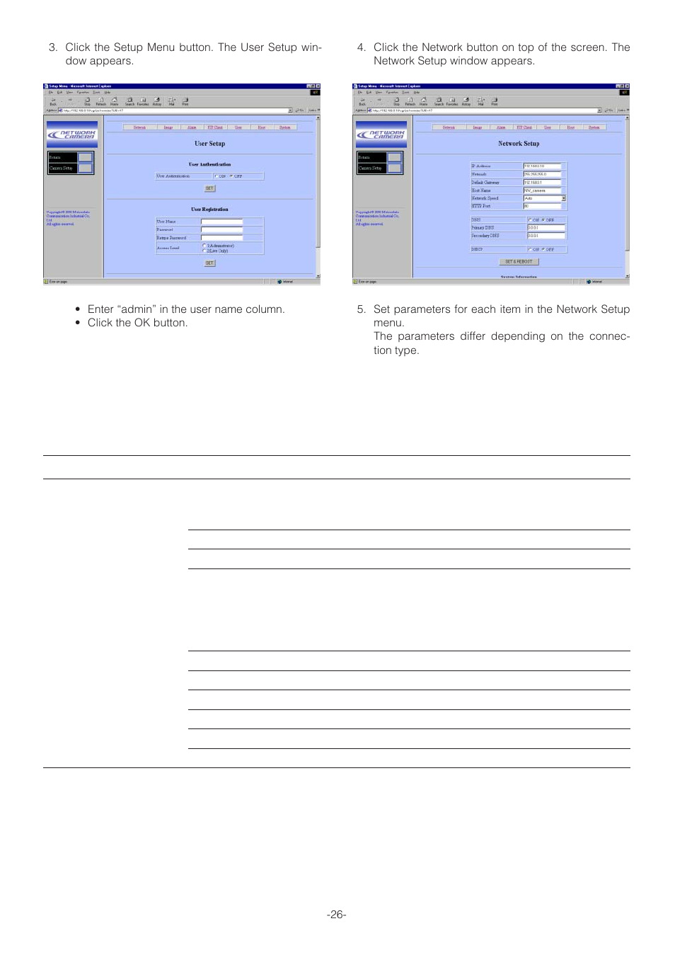 Network setup parameters vs. connection type | Panasonic WV-NP472 User Manual | Page 26 / 47