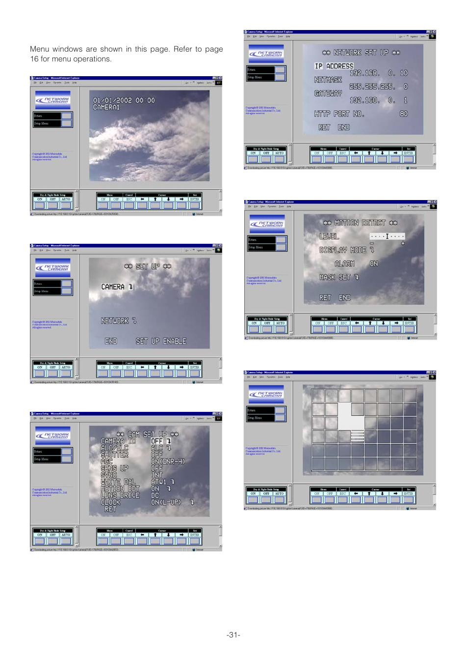 Camera setup menus | Panasonic WV-NP472 User Manual | Page 31 / 47