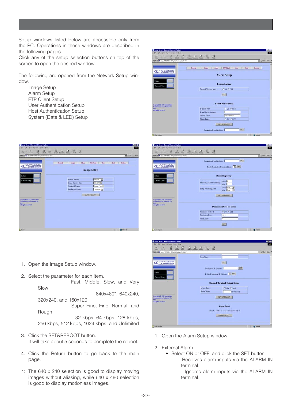 Pc oriented setup, Image setup, Alarm setup | Panasonic WV-NP472 User Manual | Page 32 / 47