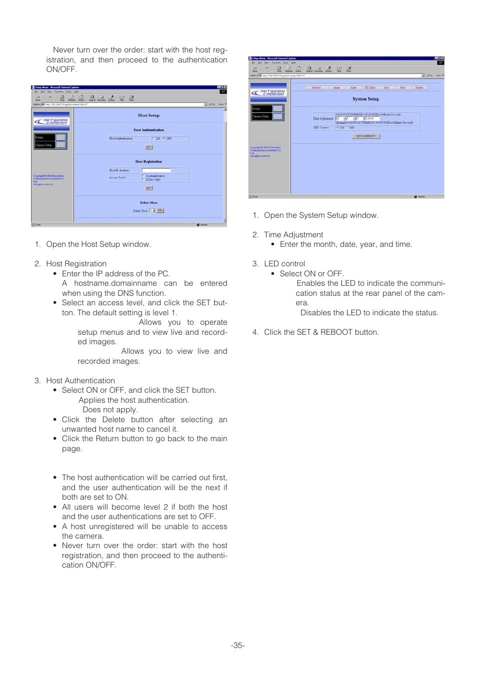Host setup, System setup | Panasonic WV-NP472 User Manual | Page 35 / 47