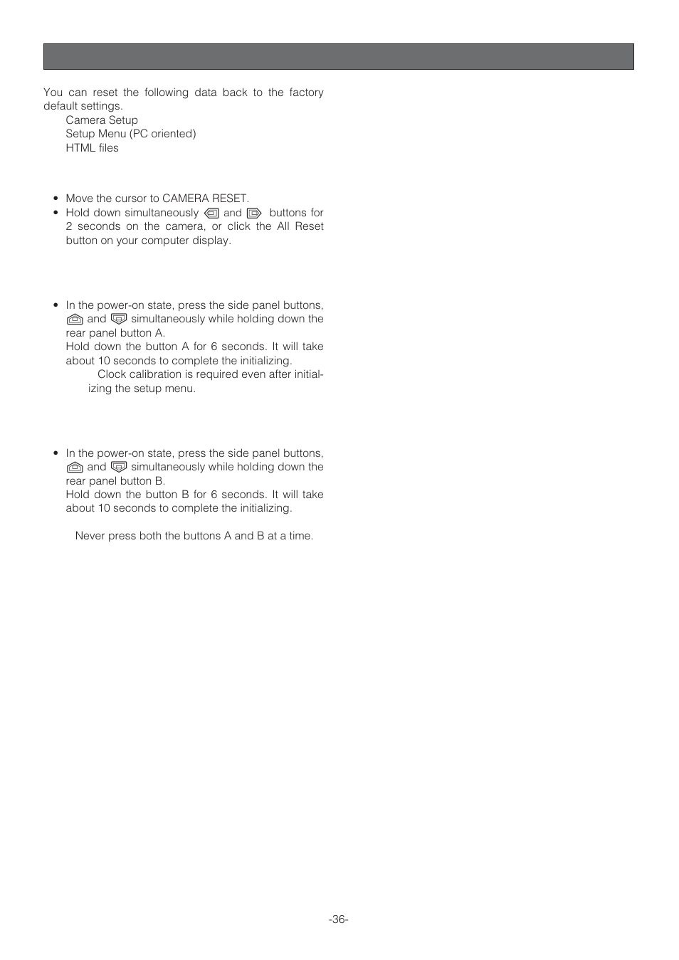 Initializing, Initializing the camera menu, Initializing the setup menu | Initializing html windows | Panasonic WV-NP472 User Manual | Page 36 / 47