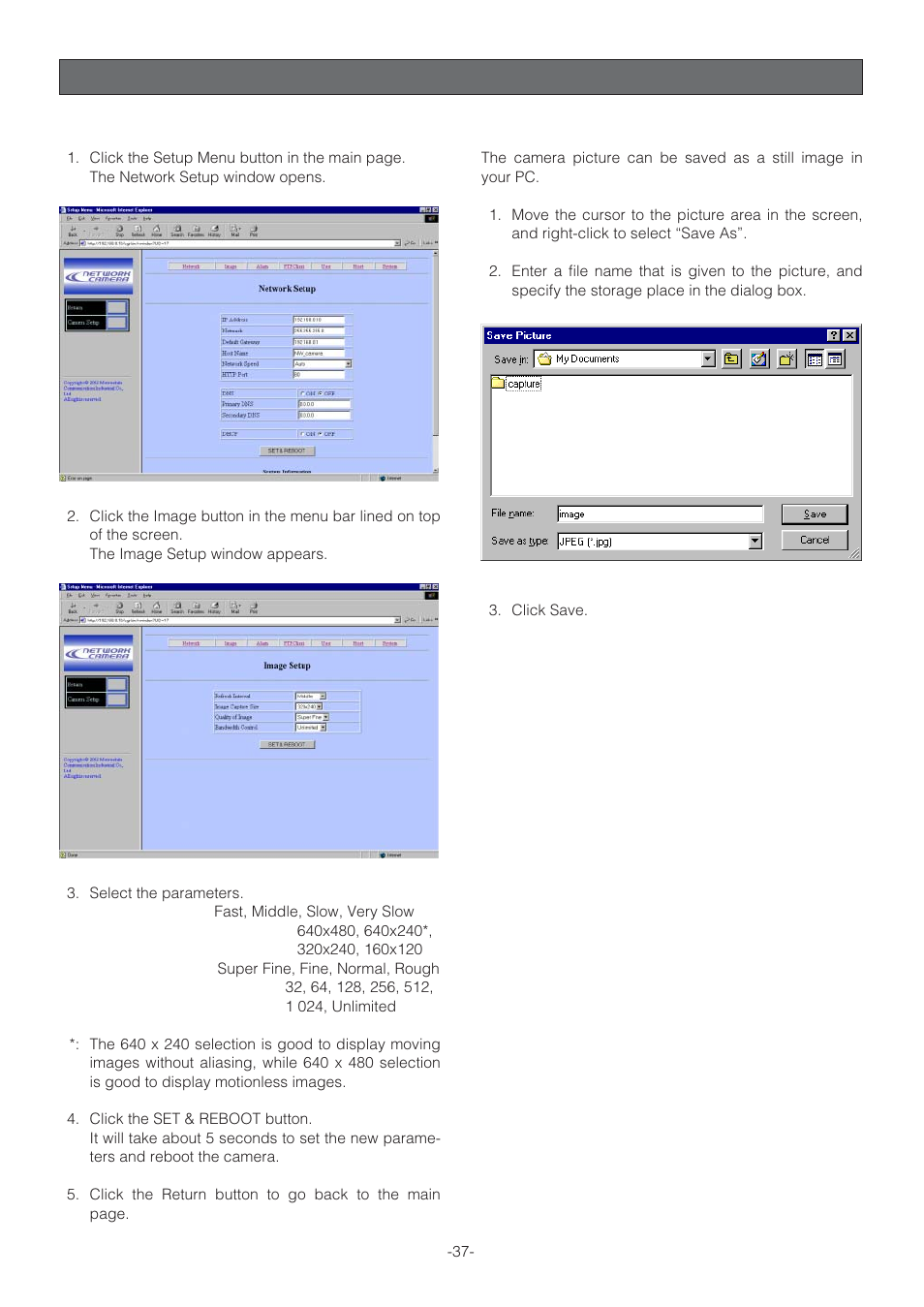 Viewing pictures, Image quality selection, Still picture storage to the pc | Panasonic WV-NP472 User Manual | Page 37 / 47