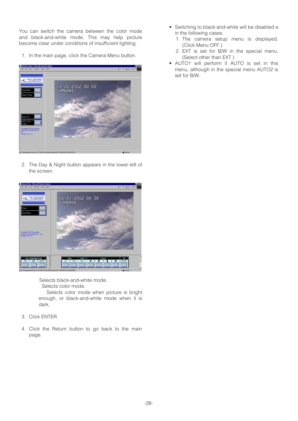 Monochrome mode | Panasonic WV-NP472 User Manual | Page 38 / 47
