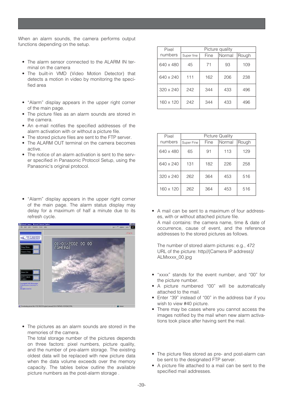 Alarm functions, When an alarm arises, Transferring pictures files | Transferring picture files | Panasonic WV-NP472 User Manual | Page 39 / 47