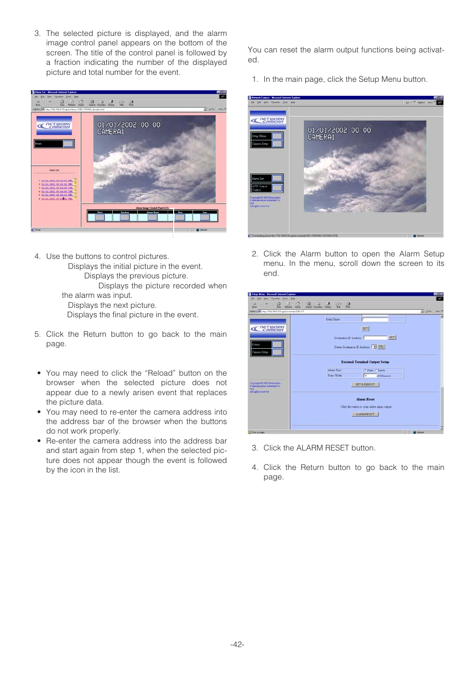 Resetting alarm | Panasonic WV-NP472 User Manual | Page 42 / 47