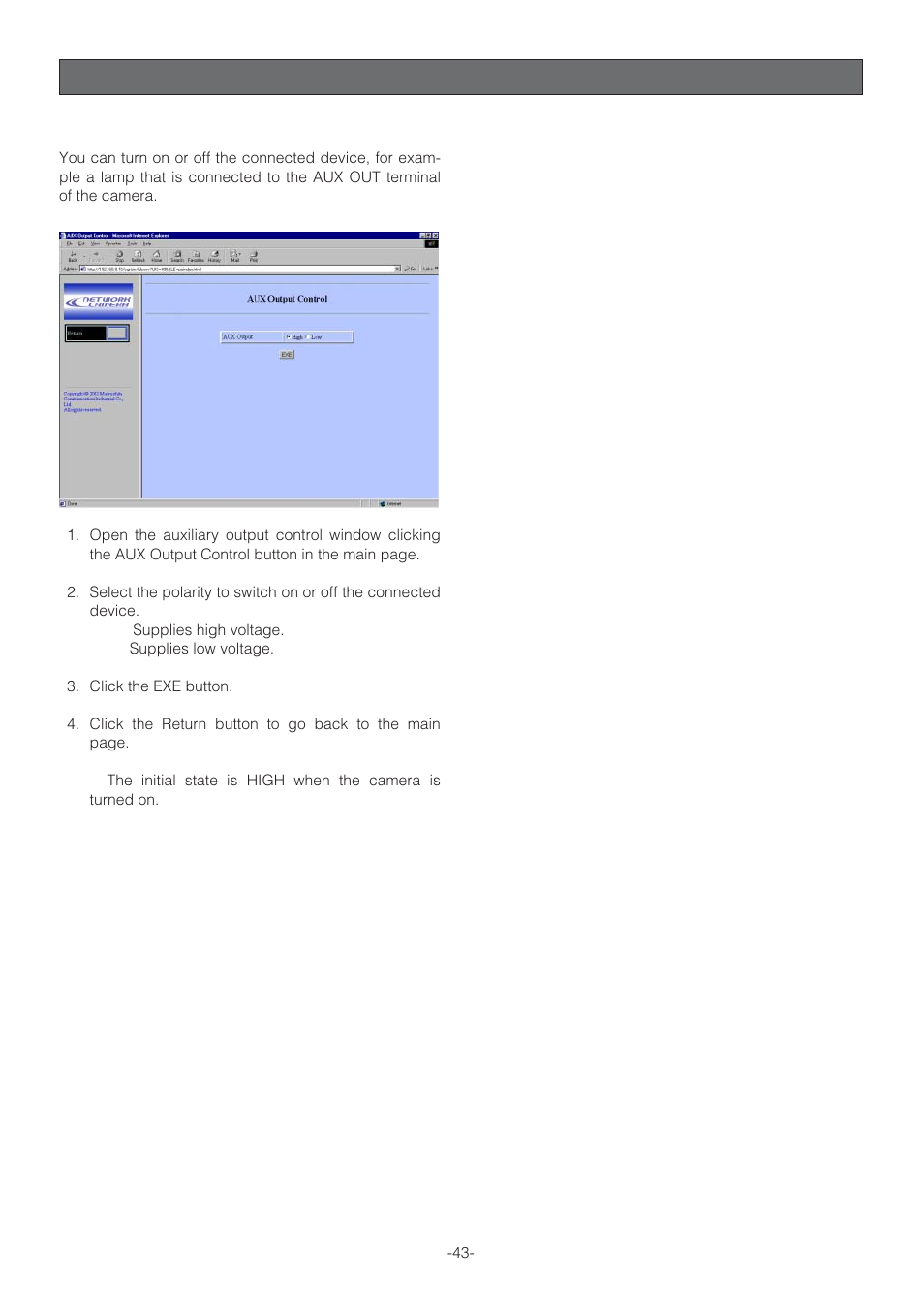 Auxiliary output control | Panasonic WV-NP472 User Manual | Page 43 / 47