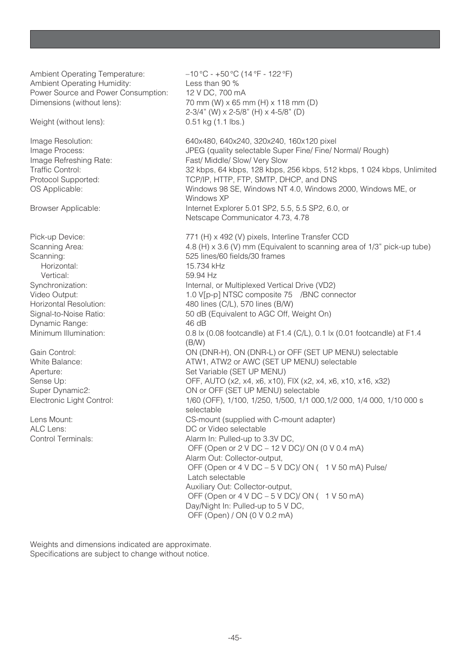 Specifications | Panasonic WV-NP472 User Manual | Page 45 / 47