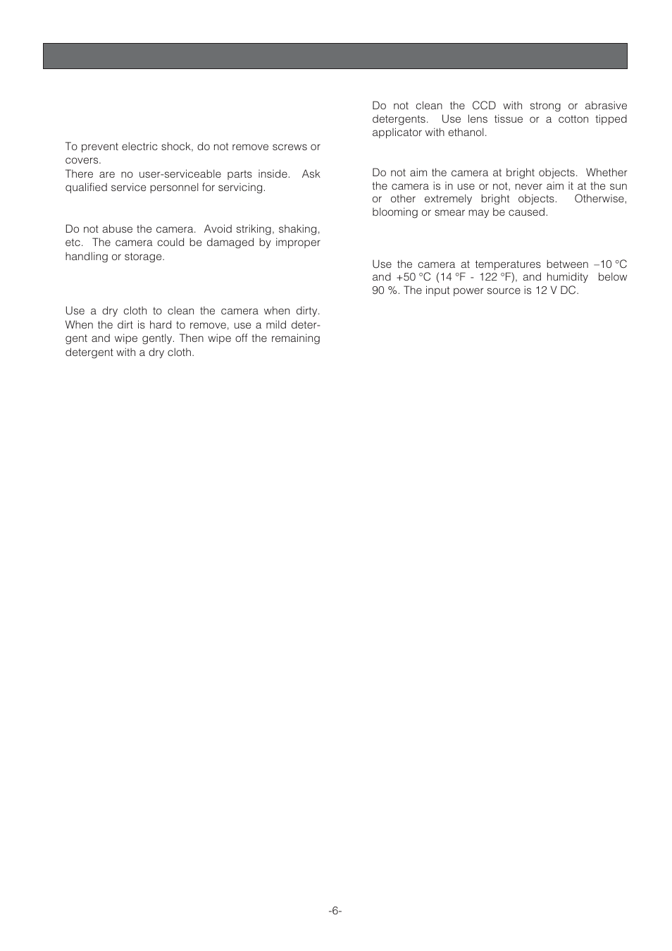 Precautions | Panasonic WV-NP472 User Manual | Page 6 / 47