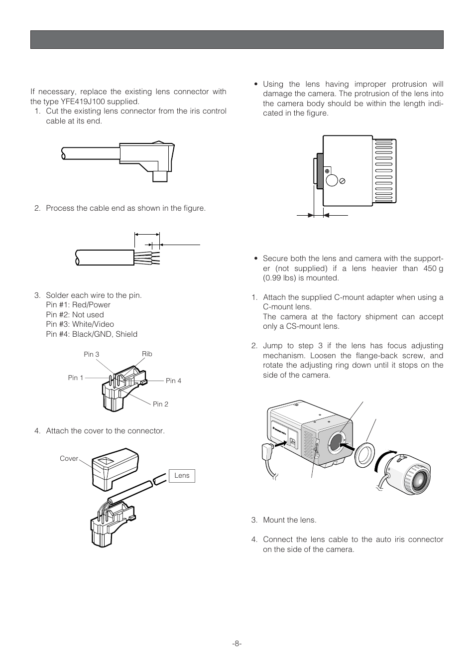 Installations, Mounting and adjusting the lens | Panasonic WV-NP472 User Manual | Page 8 / 47