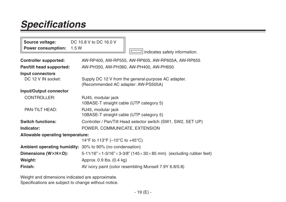 Specifications | Panasonic AW-IF400G User Manual | Page 20 / 22