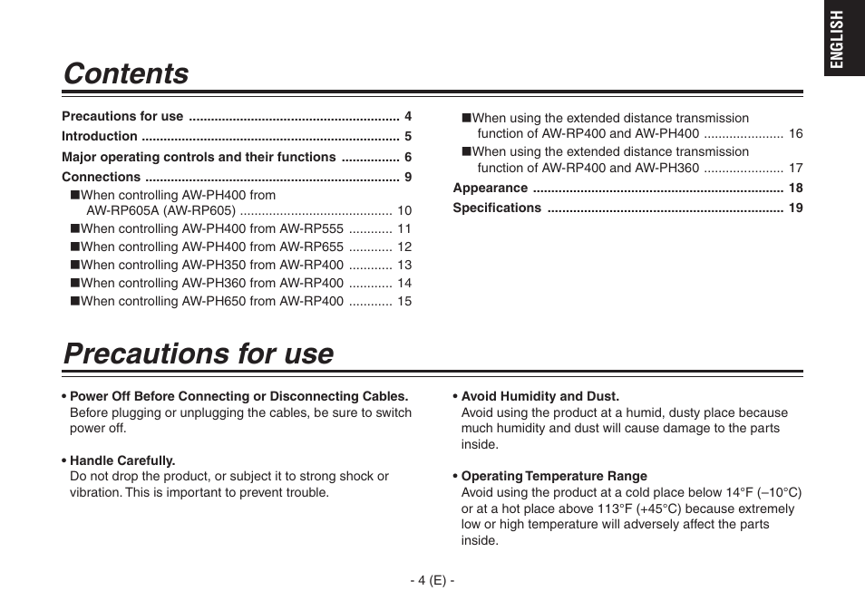 Table of conents, Precautions for use, Precautions for use contents | Panasonic AW-IF400G User Manual | Page 5 / 22