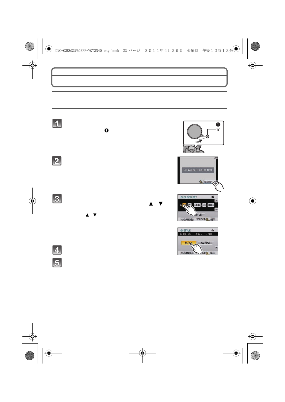 Setting date/time (clock set) | Panasonic DMC-G3K User Manual | Page 23 / 56