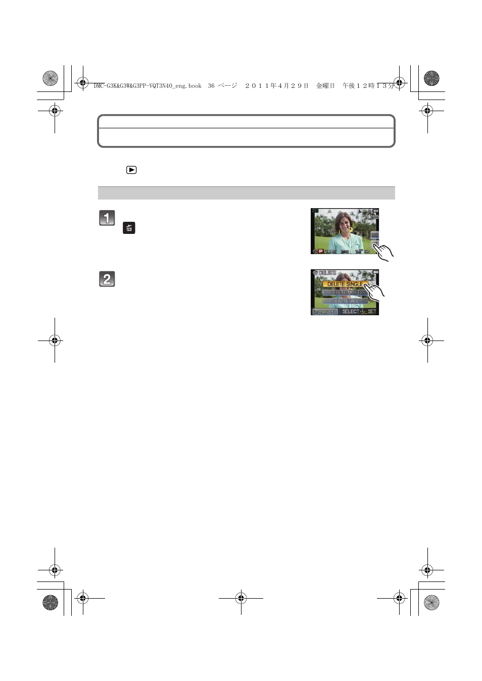 Deleting pictures | Panasonic DMC-G3K User Manual | Page 36 / 56