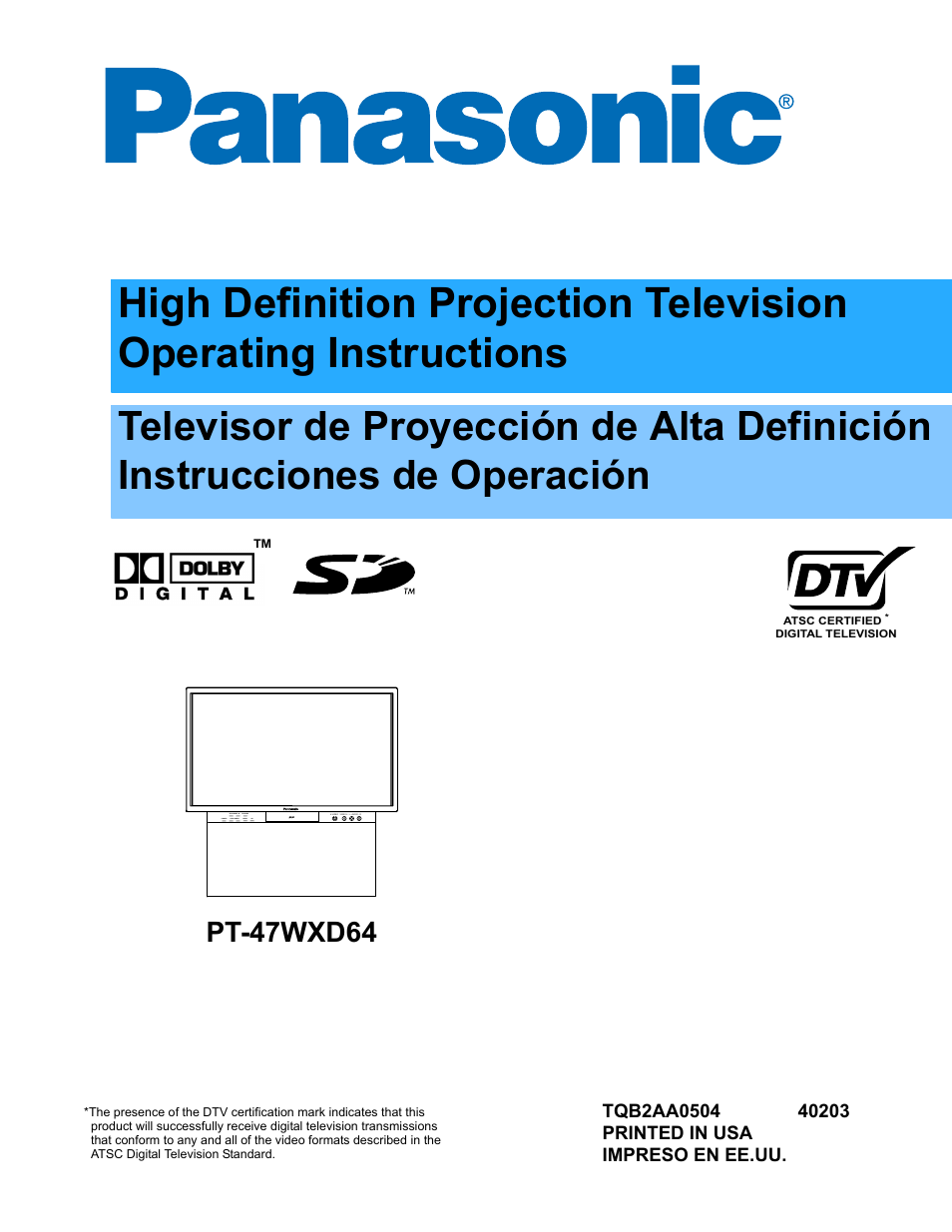 Panasonic PT 47WXD64 User Manual | 88 pages