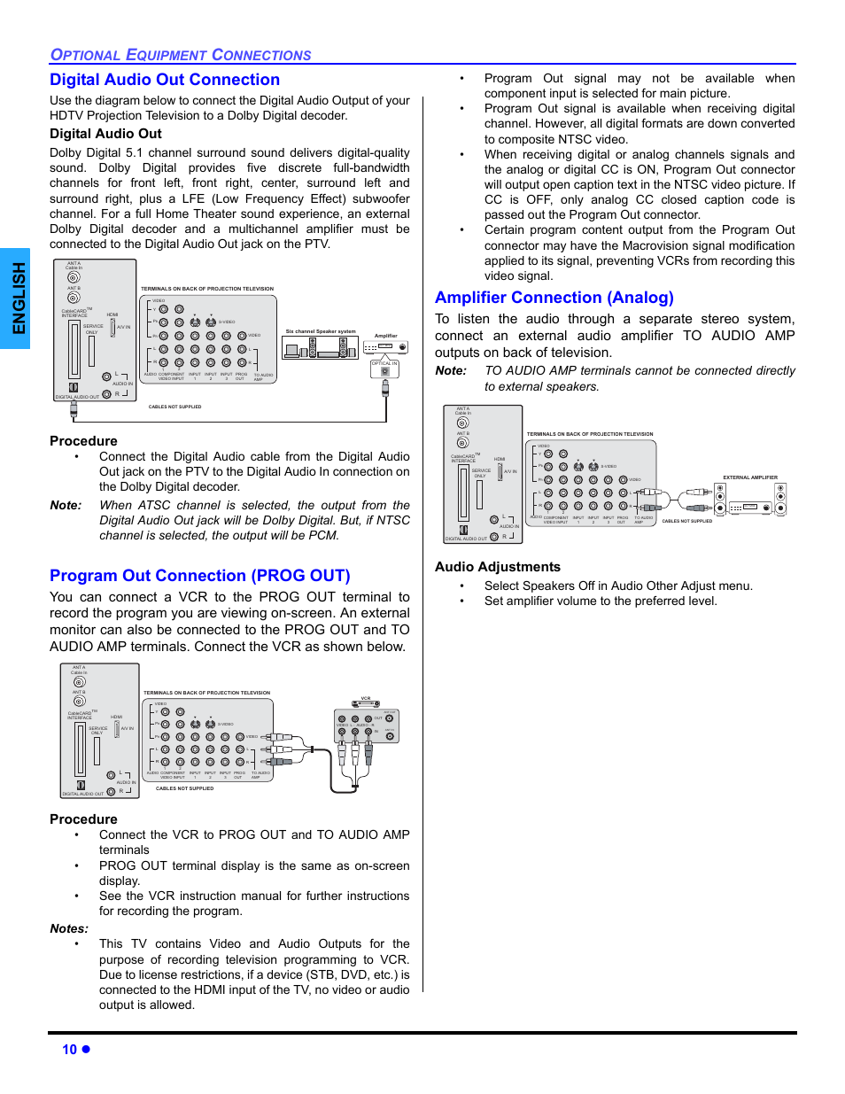 Digital audio out connection, Program out connection, Amplifier connection (analog) | English digital audio out connection, Program out connection (prog out), 10 z, Digital audio out, Procedure, Audio adjustments, Ptional | Panasonic PT 47WXD64 User Manual | Page 12 / 88