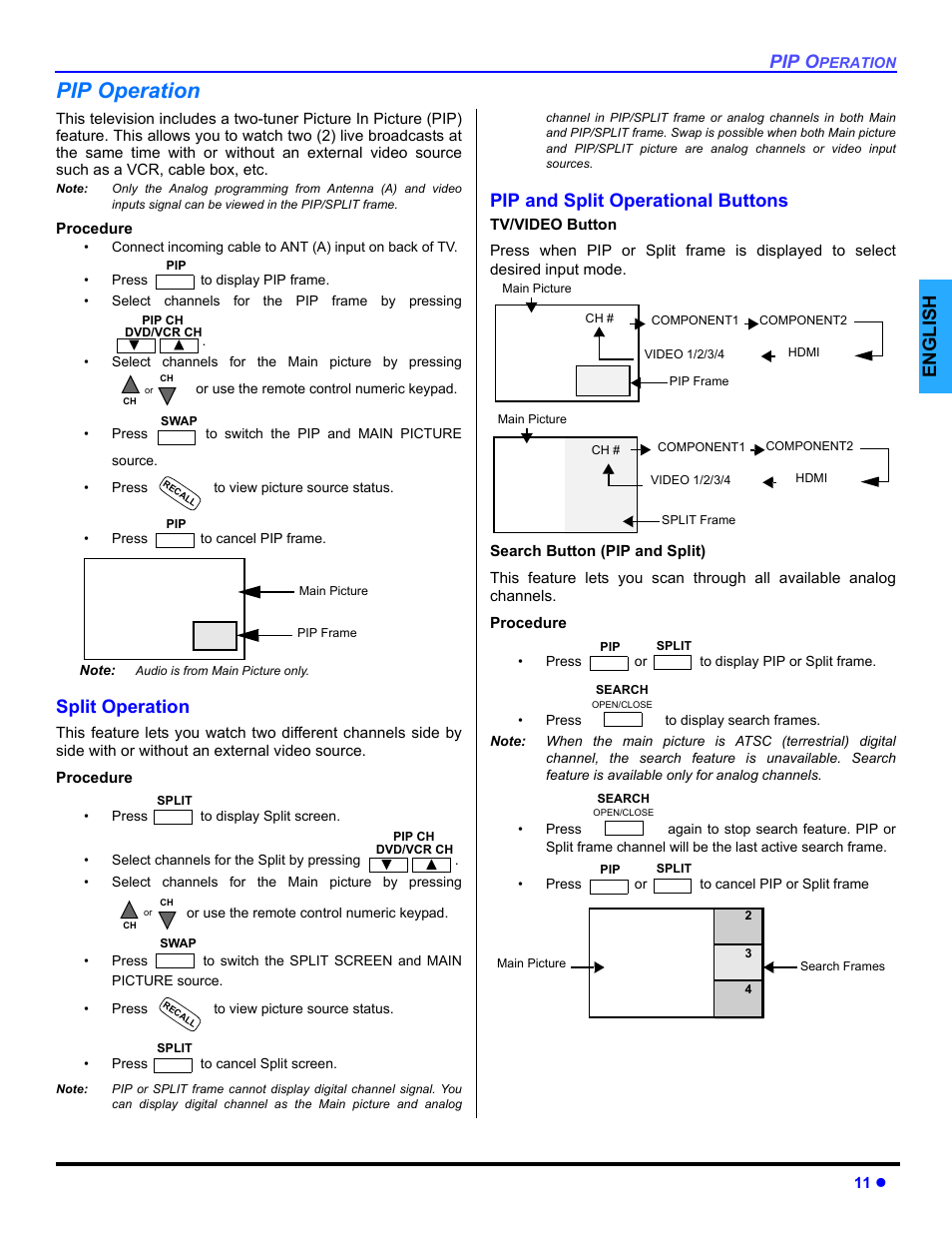 Pip operation, Split operation, Pip and split operational buttons | Tv/video button, Search button, Pip o, English | Panasonic PT 47WXD64 User Manual | Page 13 / 88
