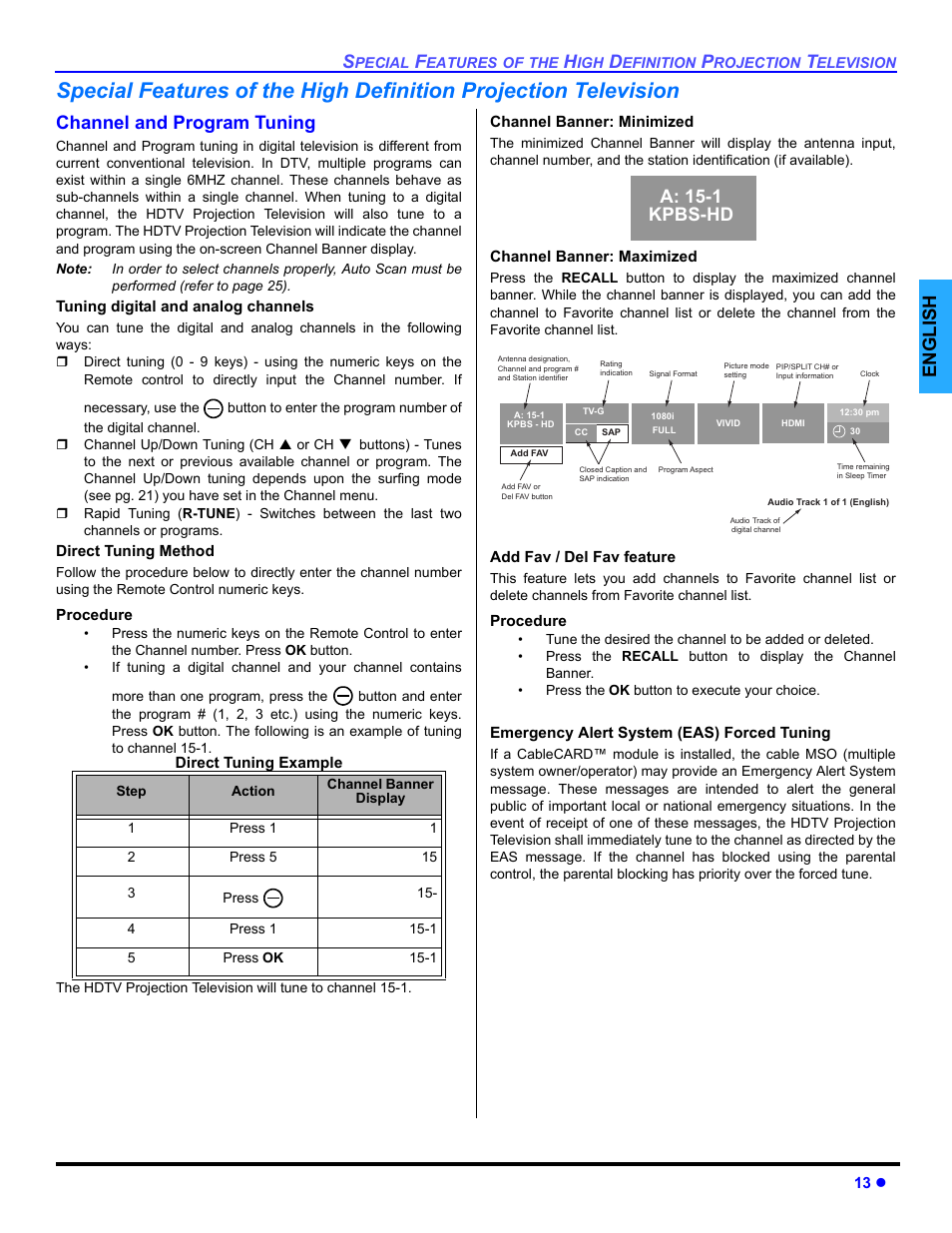 Pip min and pip max buttons, Freeze button, Main picture freeze feature | English, Channel and program tuning, A: 15-1 kpbs-hd | Panasonic PT 47WXD64 User Manual | Page 15 / 88