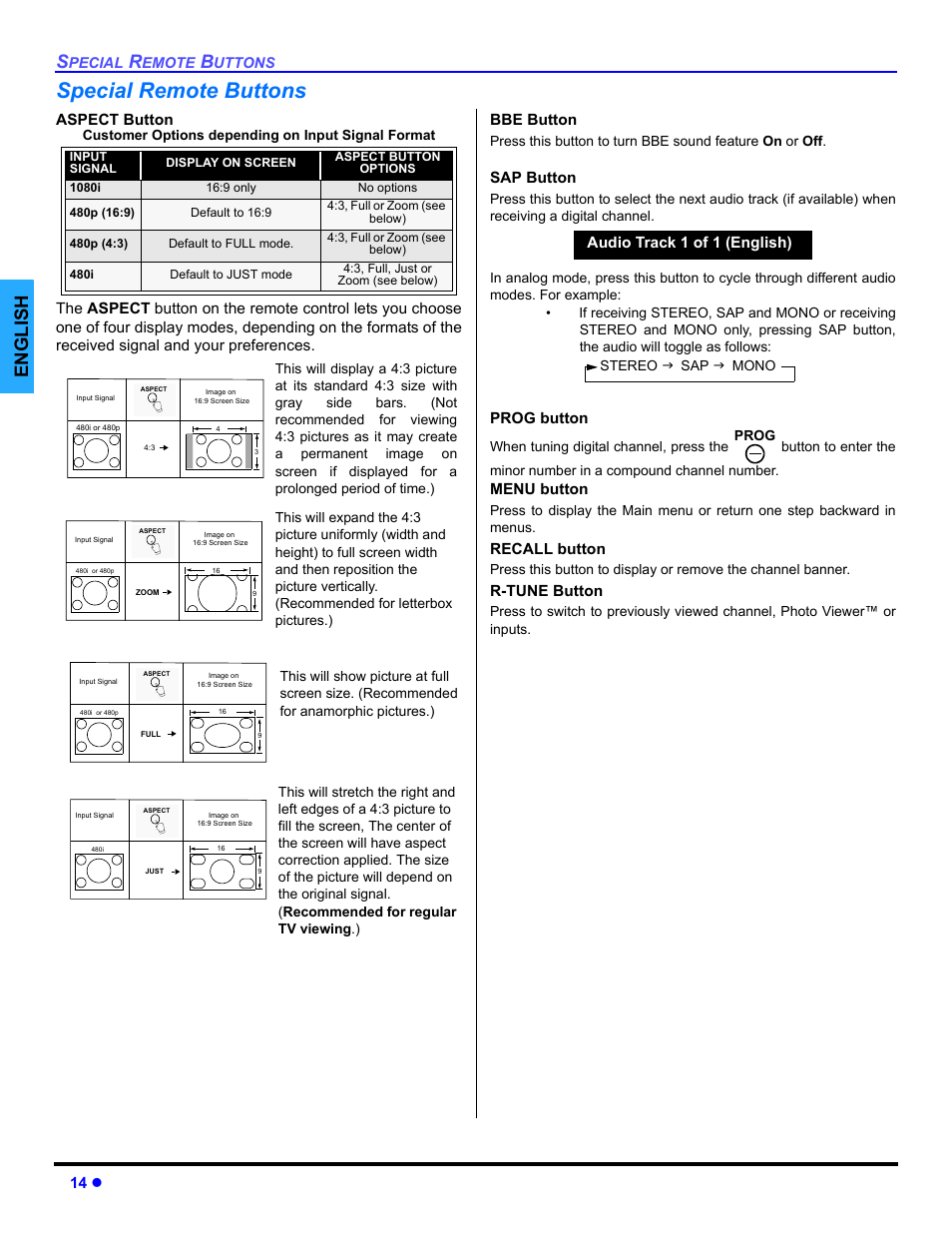 Special remote buttons, English, 14 z | Aspect button, Sap button, Prog button, Menu button, Recall button, R-tune button, Audio track 1 of 1 (english) | Panasonic PT 47WXD64 User Manual | Page 16 / 88