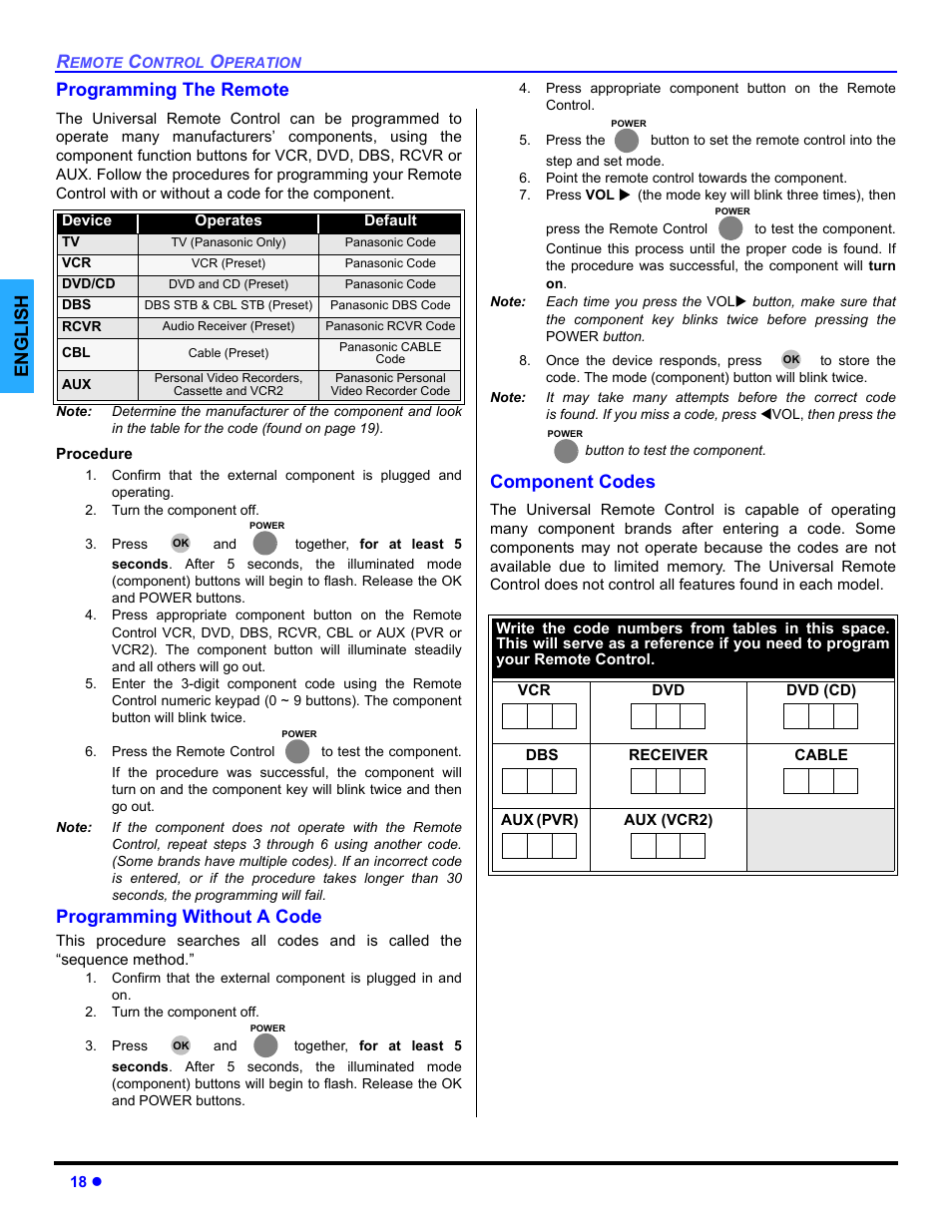 Programming the remote, Programming without a code, Component codes | English programming the remote | Panasonic PT 47WXD64 User Manual | Page 20 / 88