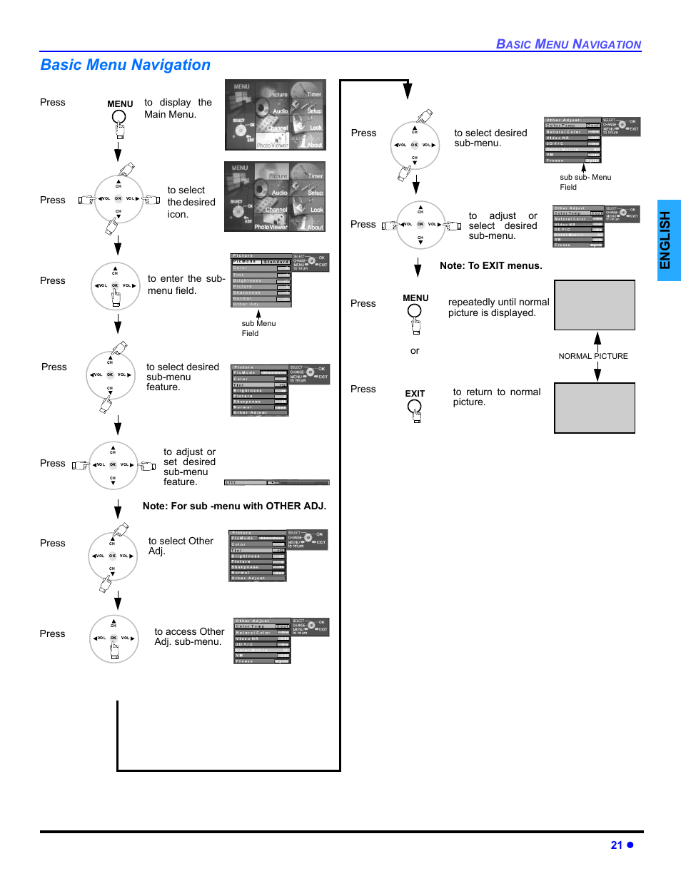 Basic menu navigation, English, 21 z | Asic, Avigation, Press | Panasonic PT 47WXD64 User Manual | Page 23 / 88