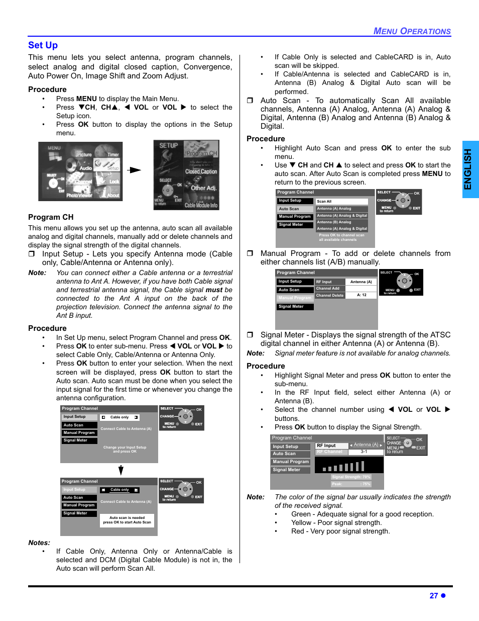 Set up, English set up, 27 z | Program ch, Procedure | Panasonic PT 47WXD64 User Manual | Page 29 / 88