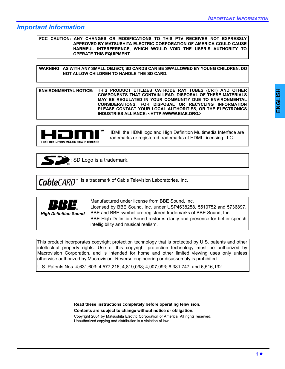 Important information | Panasonic PT 47WXD64 User Manual | Page 3 / 88