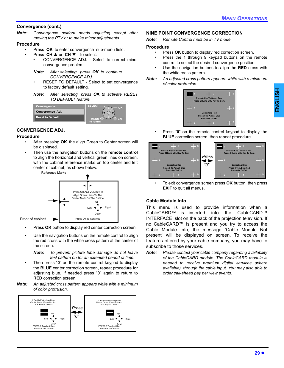 English, 29 z, Convergence (cont.) | Procedure, Convergence adj. procedure, Nine point convergence correction, Perations, Press “0 | Panasonic PT 47WXD64 User Manual | Page 31 / 88
