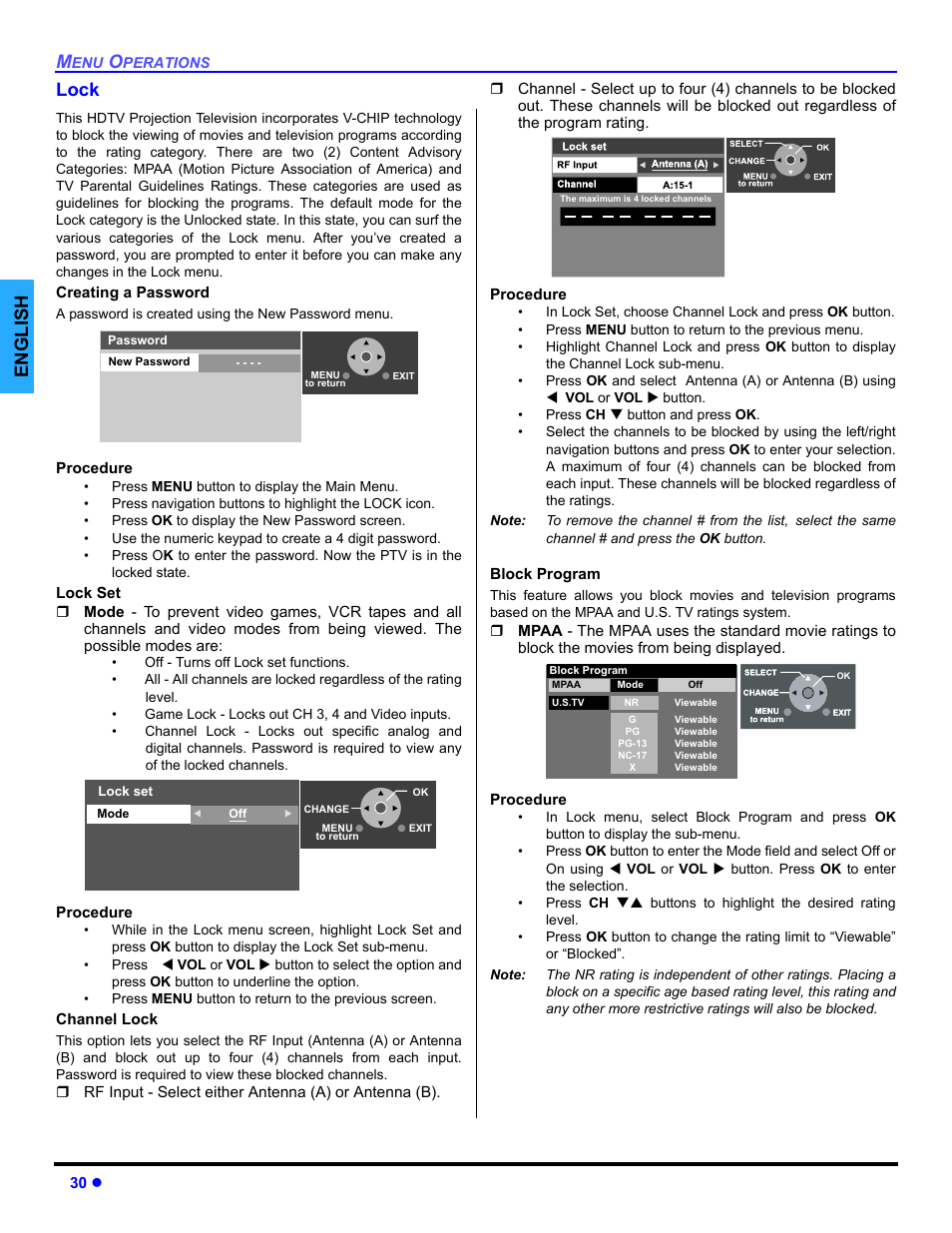Lock, English lock | Panasonic PT 47WXD64 User Manual | Page 32 / 88