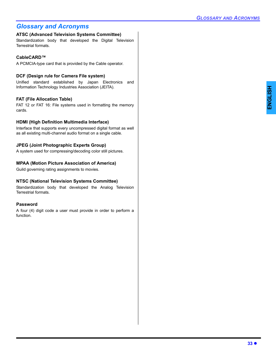 Glossary and acronyms | Panasonic PT 47WXD64 User Manual | Page 35 / 88