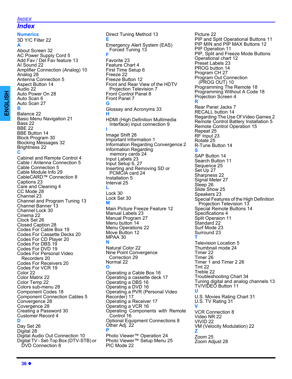 Index | Panasonic PT 47WXD64 User Manual | Page 38 / 88