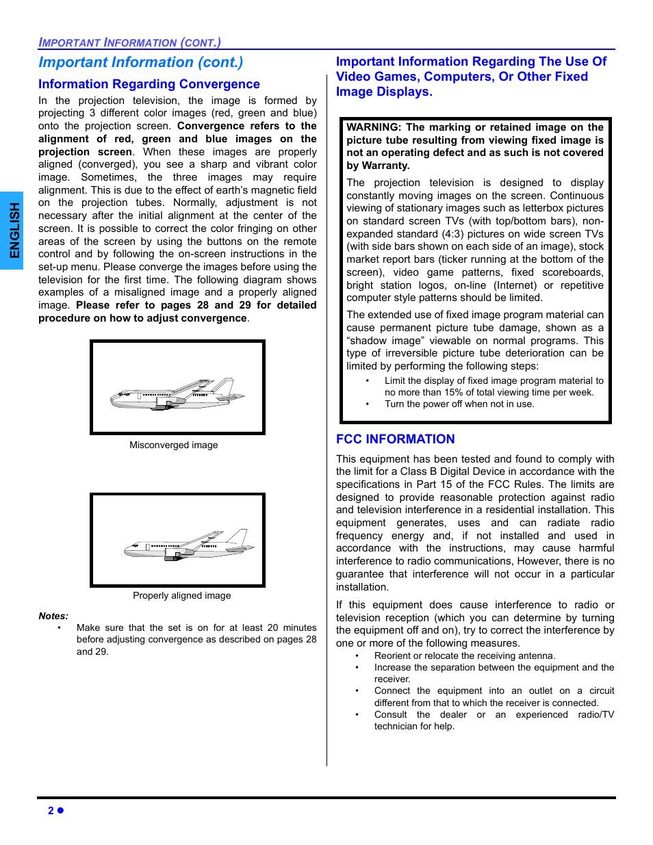 Information regarding convergence, Important information (cont.) | Panasonic PT 47WXD64 User Manual | Page 4 / 88