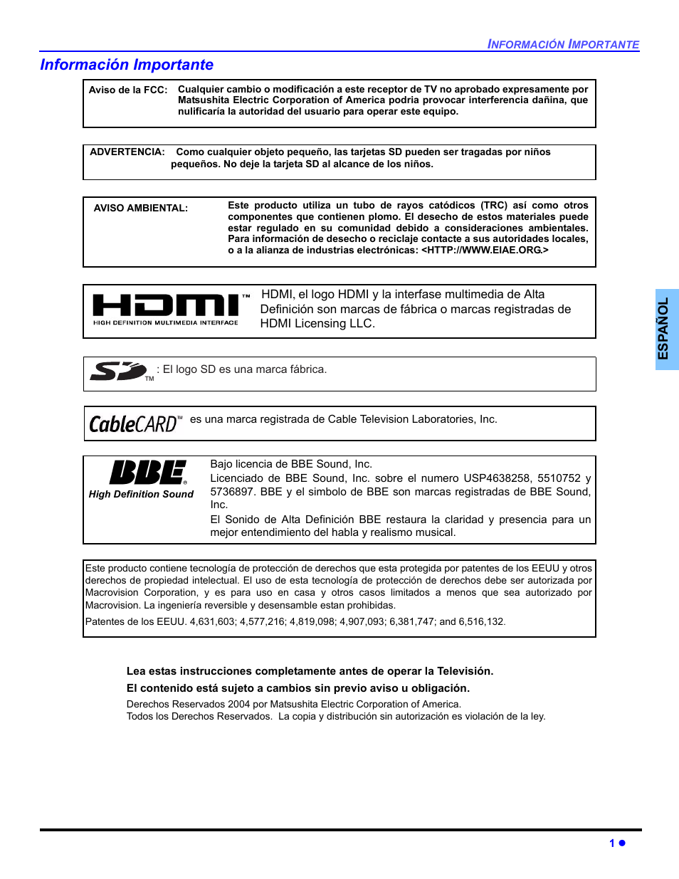 Informacion importante, Información importante | Panasonic PT 47WXD64 User Manual | Page 41 / 88