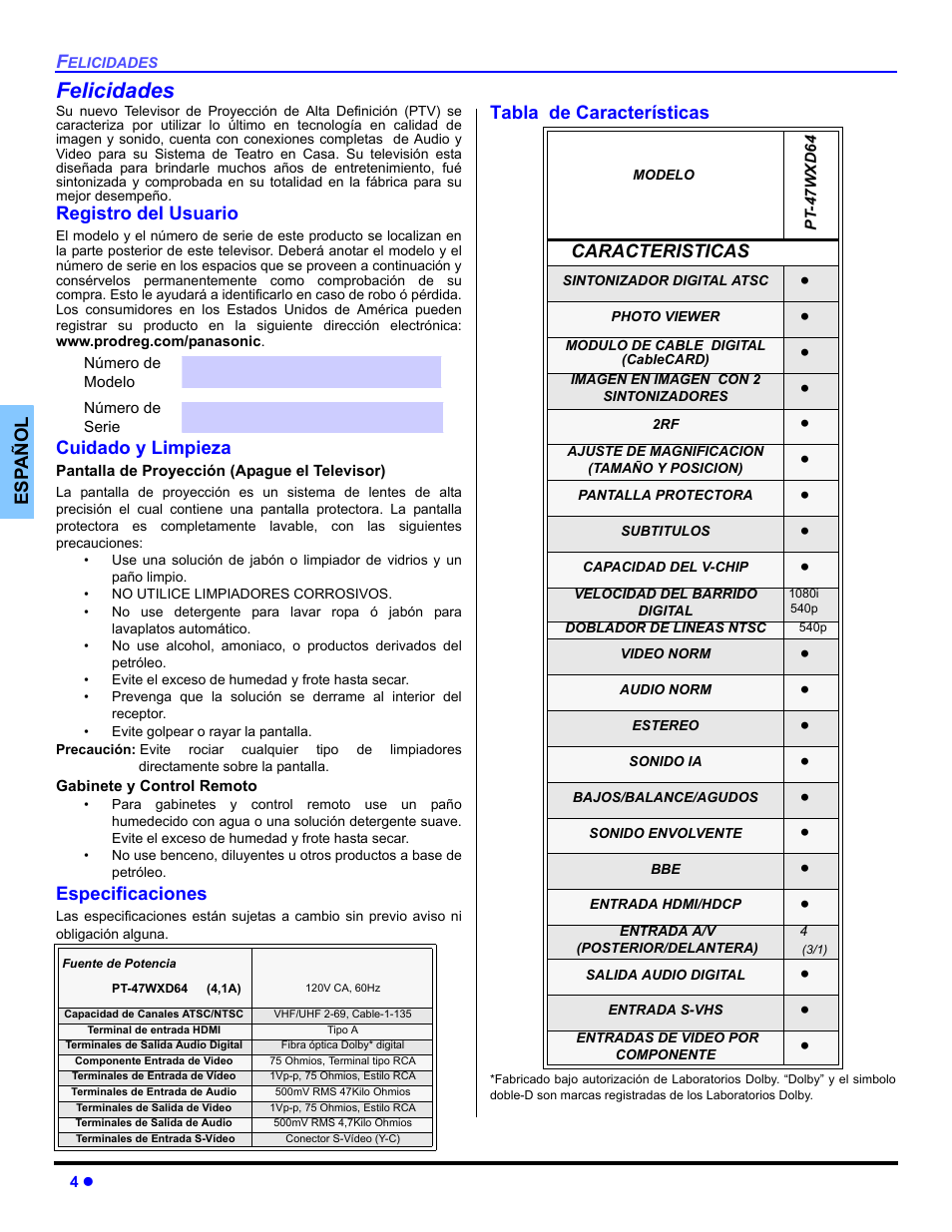Felicidades, Registro del usuario, Cuidado y limpieza | Especificaciones, Tabla de caracteristicas | Panasonic PT 47WXD64 User Manual | Page 44 / 88