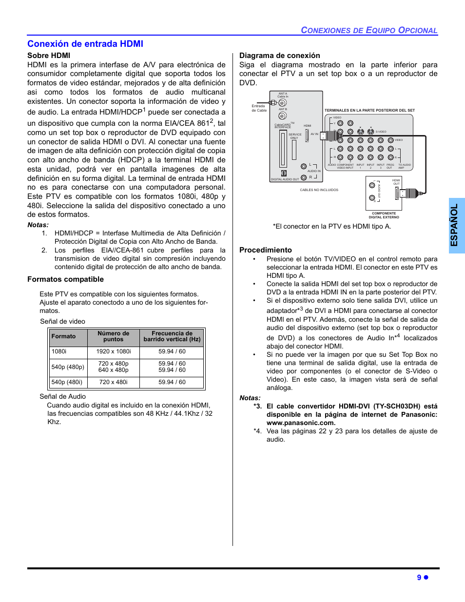 Conexion de entrada hdmi, Es p añol conexión de entrada hdmi, Onexiones | Quipo, Pcional, El conector en la ptv es hdmi tipo a | Panasonic PT 47WXD64 User Manual | Page 49 / 88