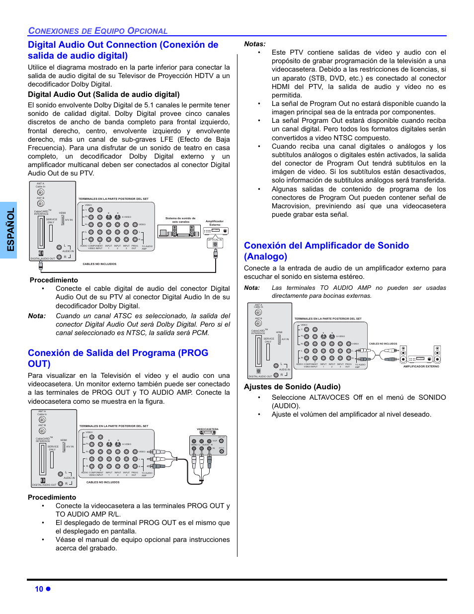 Conexion de salida del digital audio out, Conexion de salida del programa (prog out), Conexion del amplificador de sonido (analogo) | Conexión de salida del programa (prog out), Conexión del amplificador de sonido (analogo), 10 z, Digital audio out (salida de audio digital), Ajustes de sonido (audio), Onexiones, Quipo | Panasonic PT 47WXD64 User Manual | Page 50 / 88