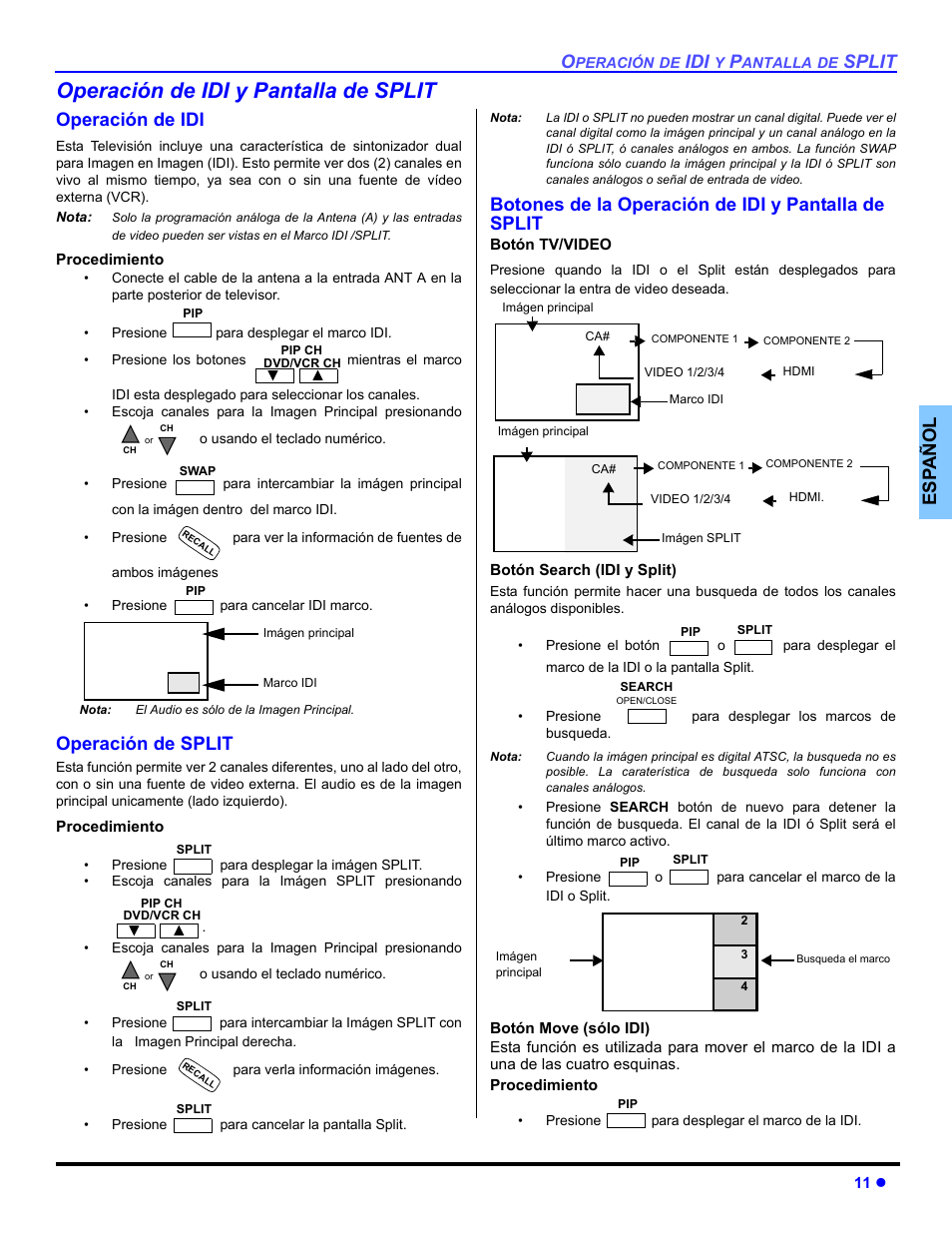 Operacion de idi y pantalla de split, Operacion de idi, Operacion de split | Botones de la operacion de idi y pantalla de split, Boton tv/video, Boton de search, Boton de move, Operación de idi y pantalla de split, Split, Es p añol | Panasonic PT 47WXD64 User Manual | Page 51 / 88