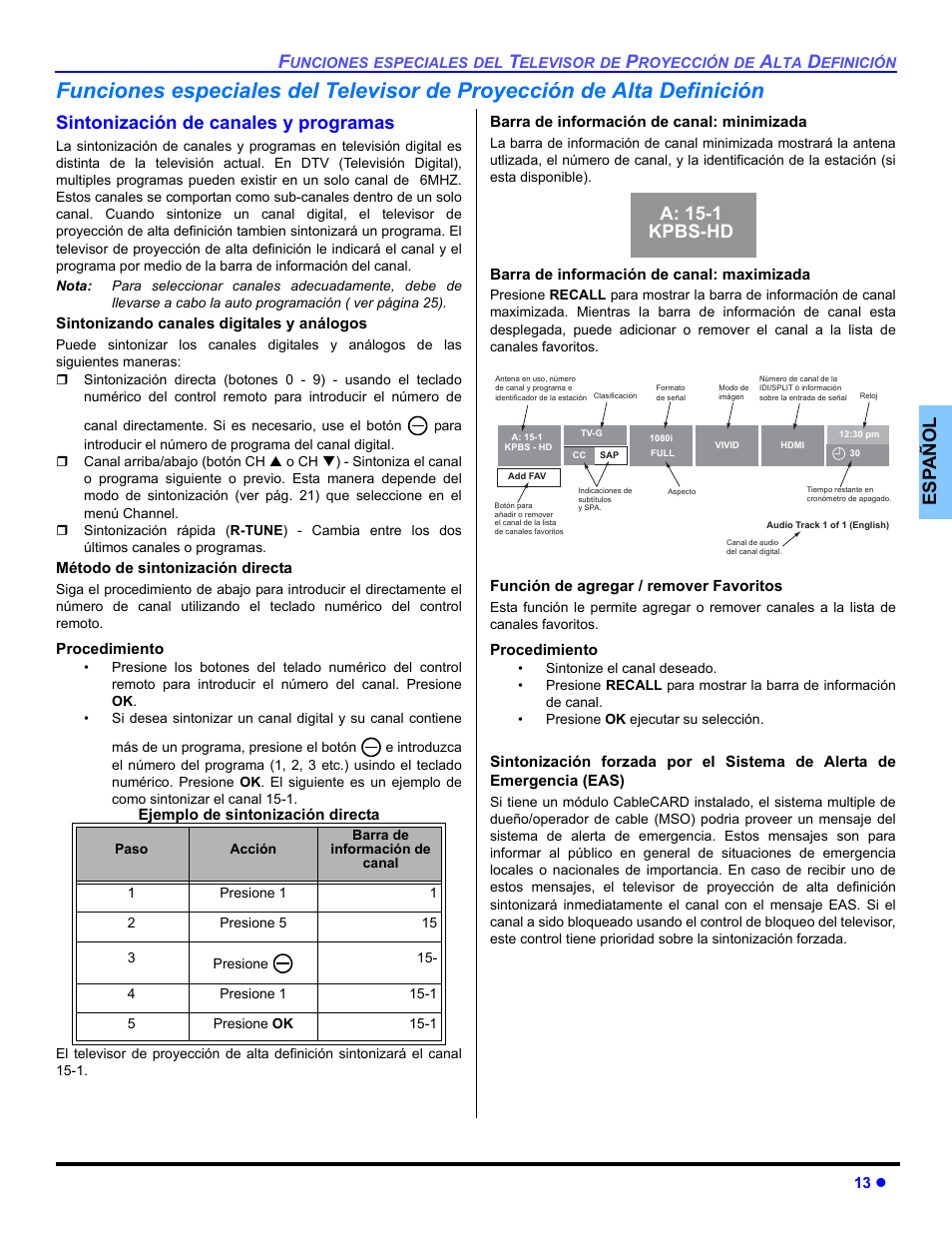 Es p añol, Sintonización de canales y programas, A: 15-1 kpbs-hd | Panasonic PT 47WXD64 User Manual | Page 53 / 88
