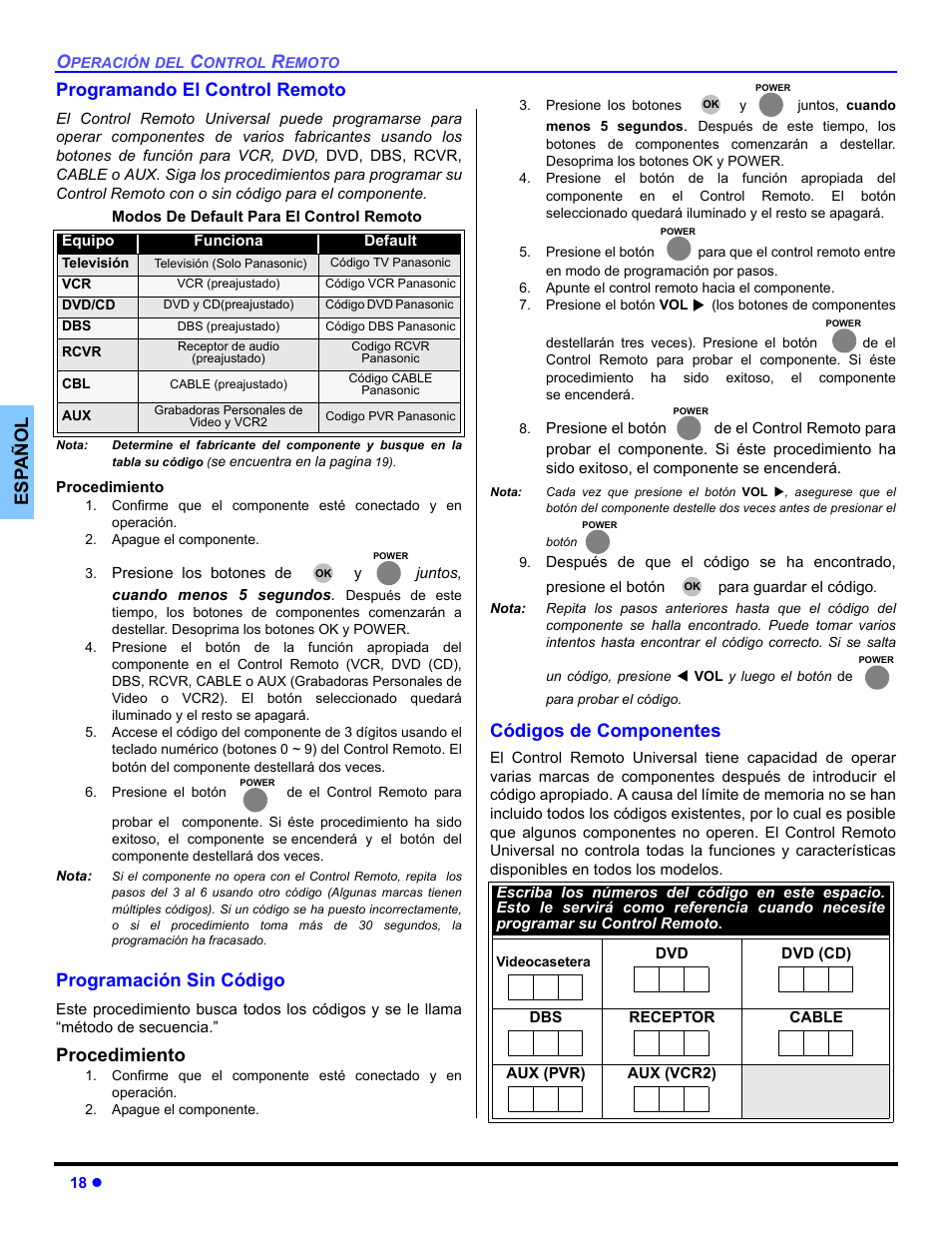 Programando el dcontol remoto, Programando sin codigo, Codigos de componentes | Es p añol programando el control remoto, Programación sin código, Procedimiento, Códigos de componentes | Panasonic PT 47WXD64 User Manual | Page 58 / 88