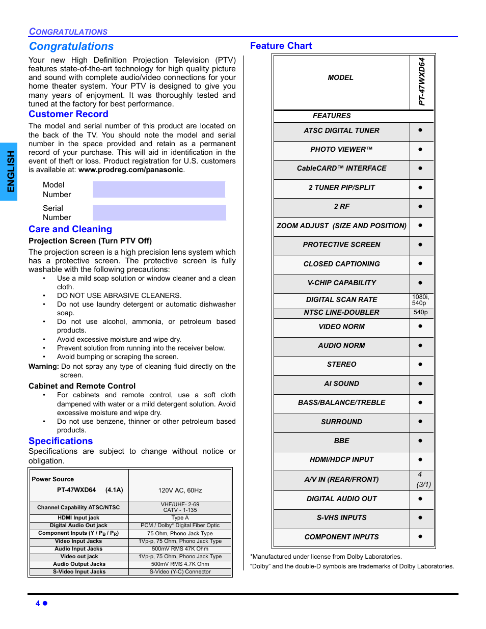 Congratulations, Customer record, Care and cleaning | Specifications, Feature chart | Panasonic PT 47WXD64 User Manual | Page 6 / 88