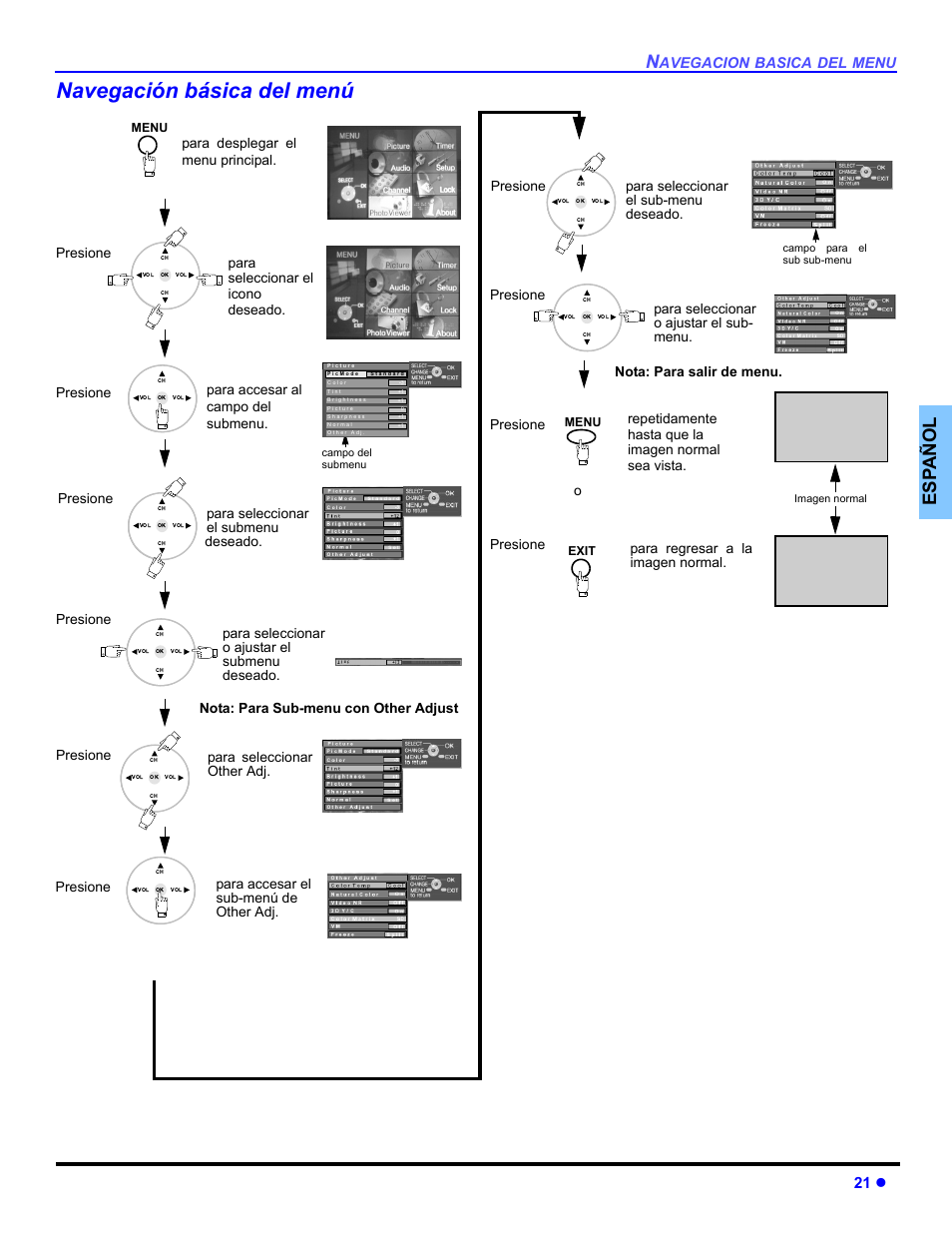 Navegacion basica de menu, Navegación básica del menú, Es p añol | 21 z, Avegacion, Basica, Menu, Presione, Repetidamente hasta que la imagen normal sea vista | Panasonic PT 47WXD64 User Manual | Page 61 / 88