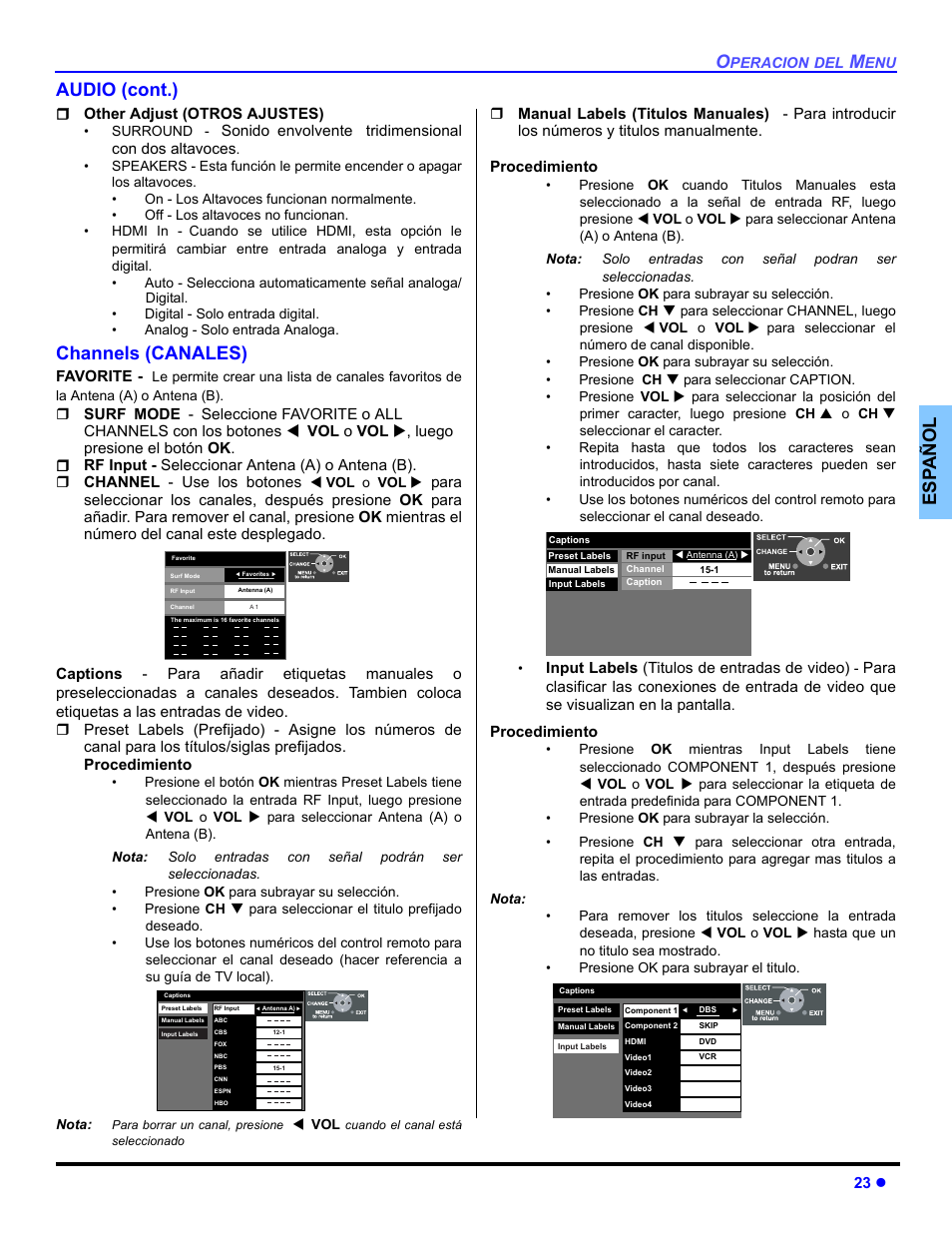 Canales, Es p añol audio (cont.), Channels (canales) | Panasonic PT 47WXD64 User Manual | Page 63 / 88