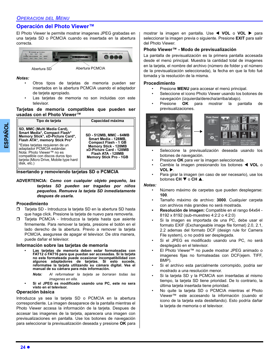 Operacion del photo viewer, Es p añol operación del photo viewer | Panasonic PT 47WXD64 User Manual | Page 64 / 88