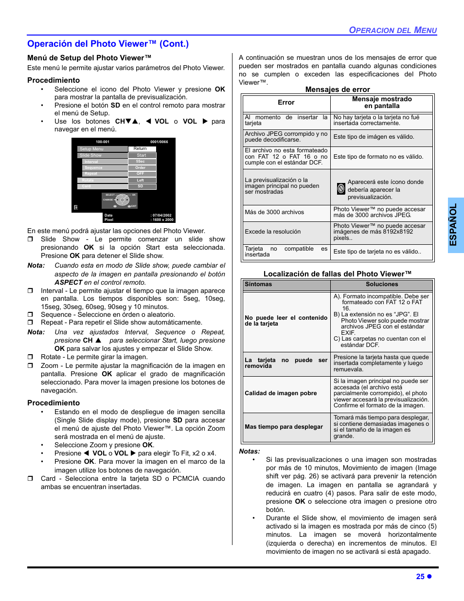 Es p añol operación del photo viewer™ (cont.) | Panasonic PT 47WXD64 User Manual | Page 65 / 88