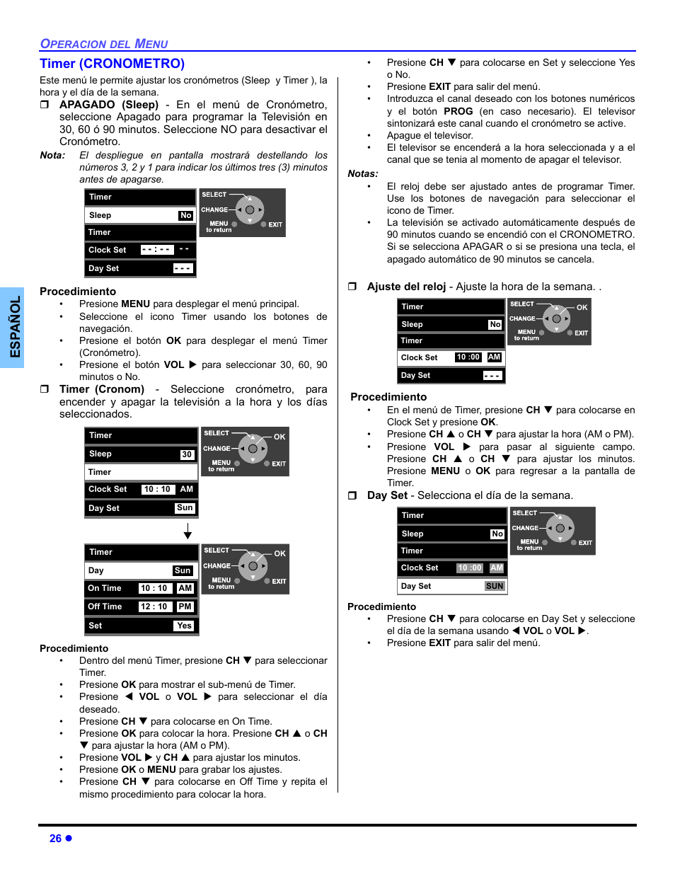 Cronometro, Es p añol timer (cronometro) | Panasonic PT 47WXD64 User Manual | Page 66 / 88
