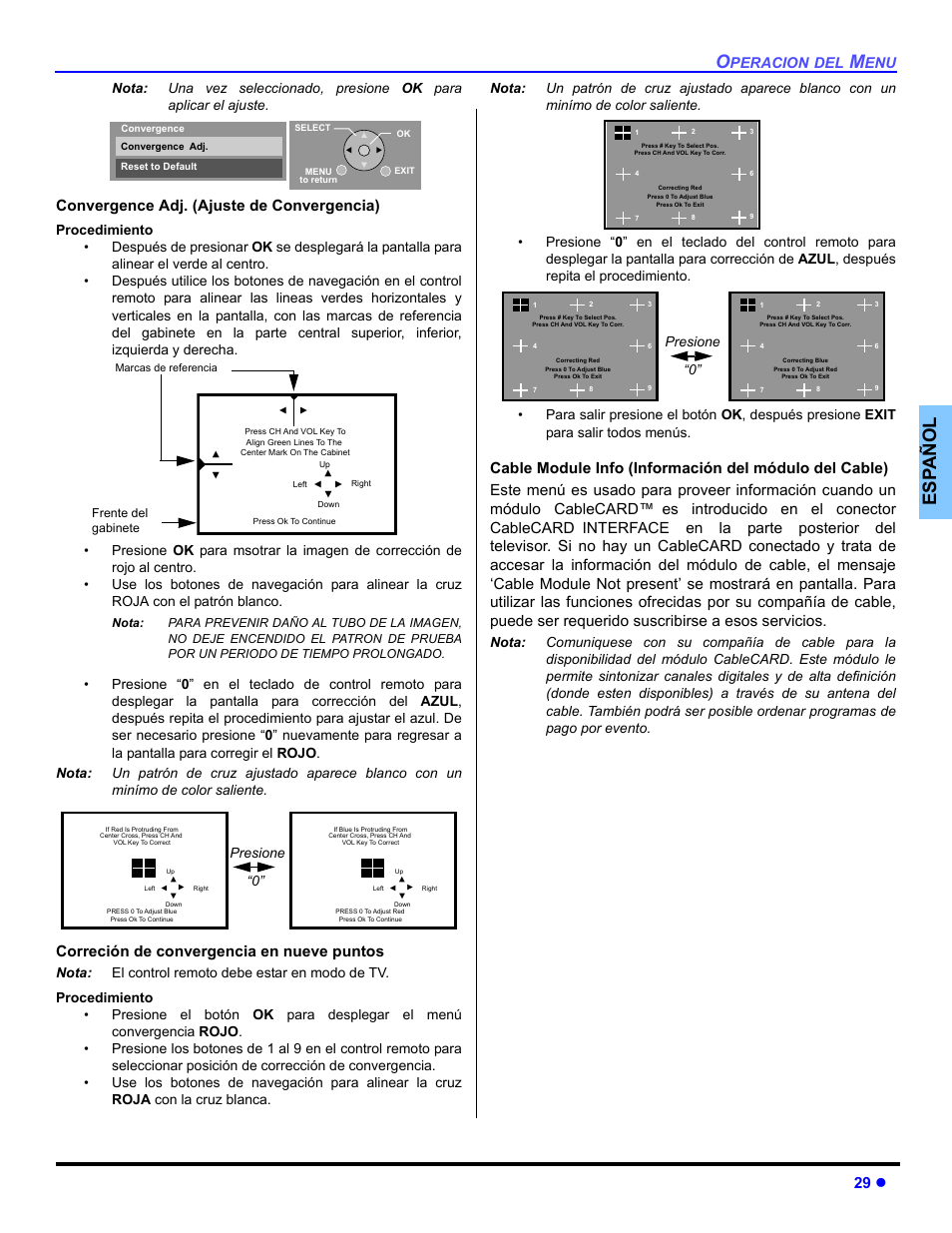 Es p añol, 29 z, Convergence adj. (ajuste de convergencia) | Correción de convergencia en nueve puntos, Peracion, Presione “0 | Panasonic PT 47WXD64 User Manual | Page 69 / 88
